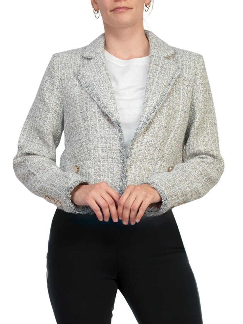 NWT Elie Tahari Tweed Metallic Open-Front Blazer With Metal Chain Logo 6 #A4236
